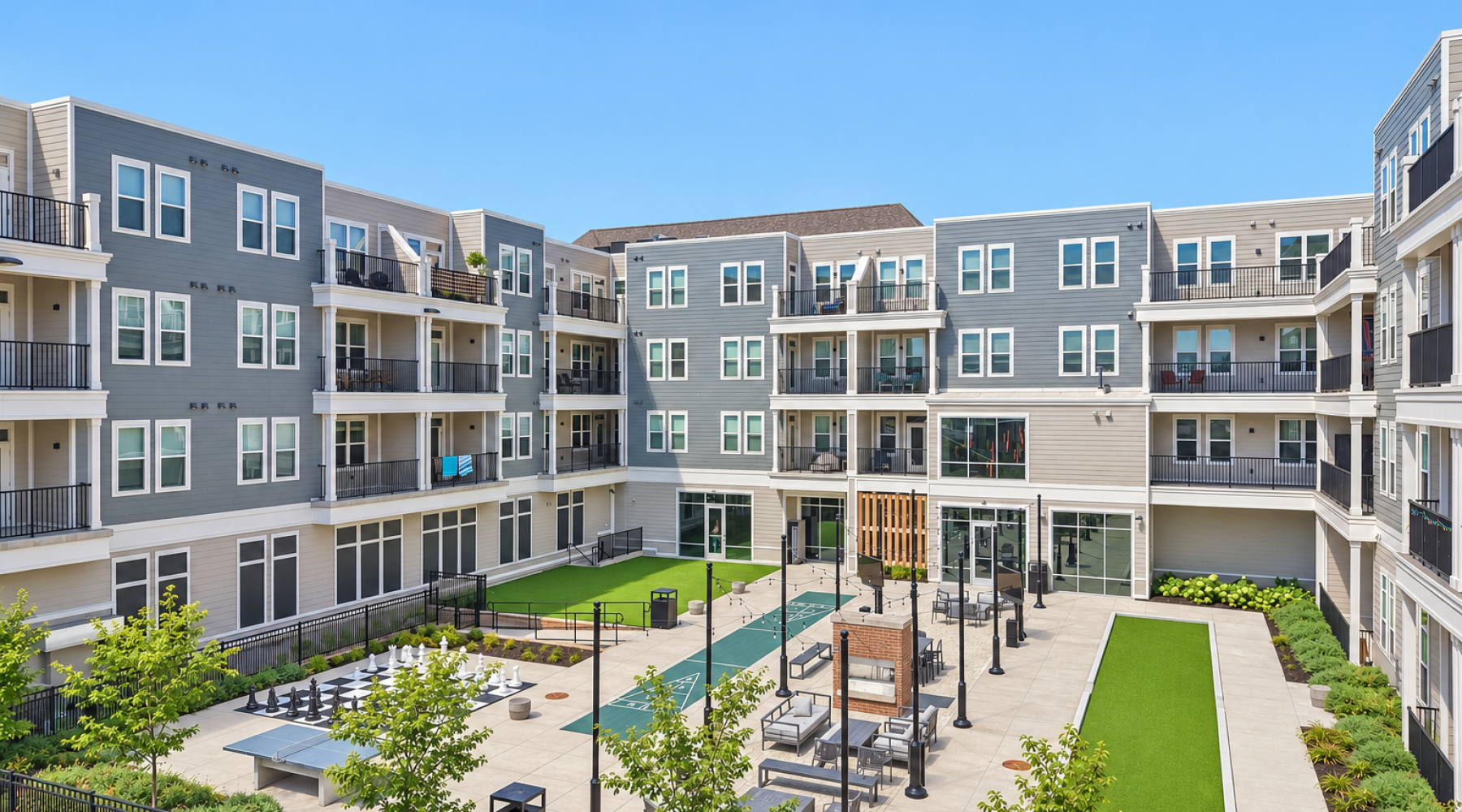 Outdoor building patio with amenities
