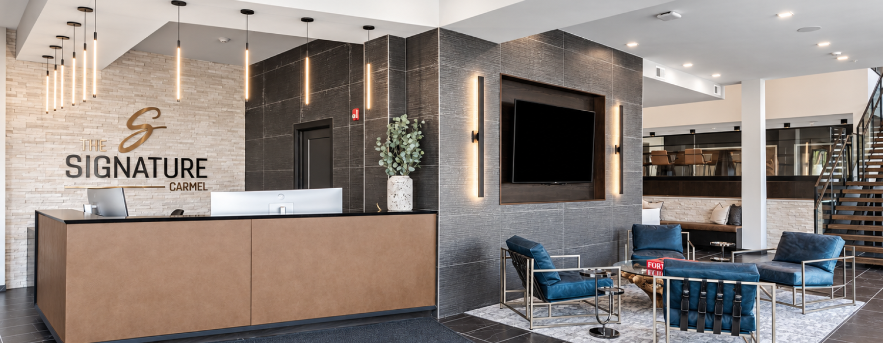 Leasing office with wall logo sign